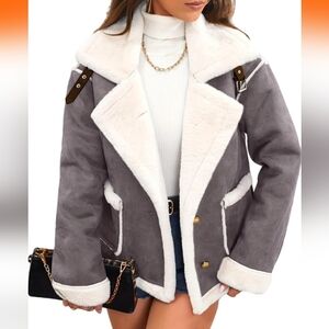 Women's Faux Suede Sherpa Lined Jacket, Oversized Fur Lapel Coat